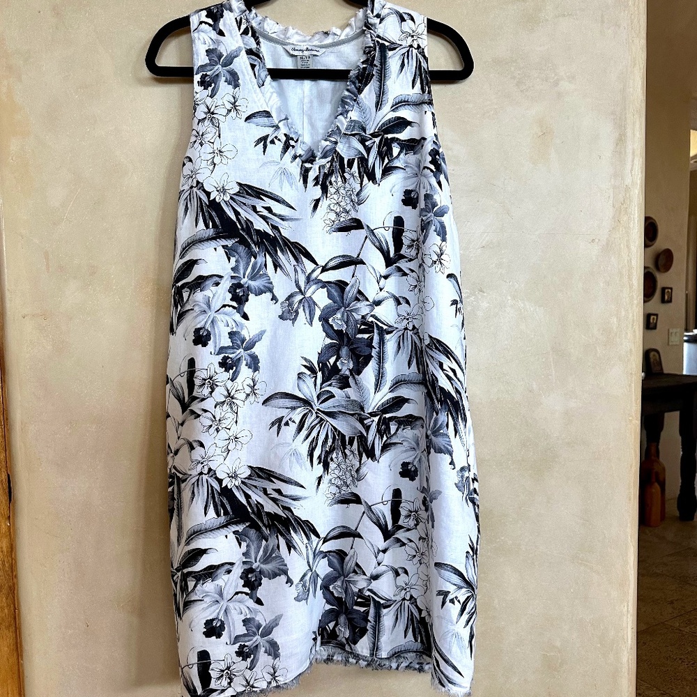 Tommy Bahama Women's Two Palms Ruffle Linen Shift Dress - White and Black -XL